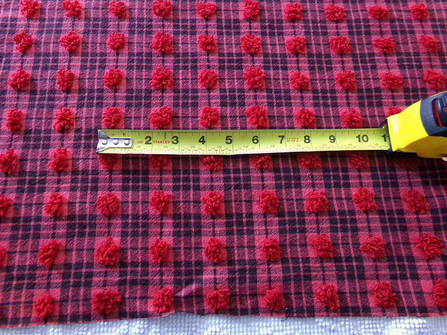 Midnight Black Tartan Plaid Vintage Chenille Bedspread Fabric, Tufted Deep Red Dots, 18" x 24" inch Piece, Lightweight Quilt Material