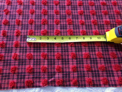 Midnight Black Tartan Plaid Vintage Chenille Bedspread Fabric, Tufted Deep Red Dots, 18" x 24" inch Piece, Lightweight Quilt Material