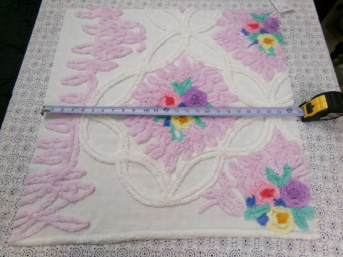 Lavender Floral Vintage Chenille Bedspread Fabric Piece 24x23" Sewing Material
