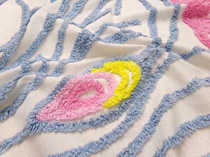 vintage style chenille bedspread fabric boho peacock feathers pink blue 19x26"