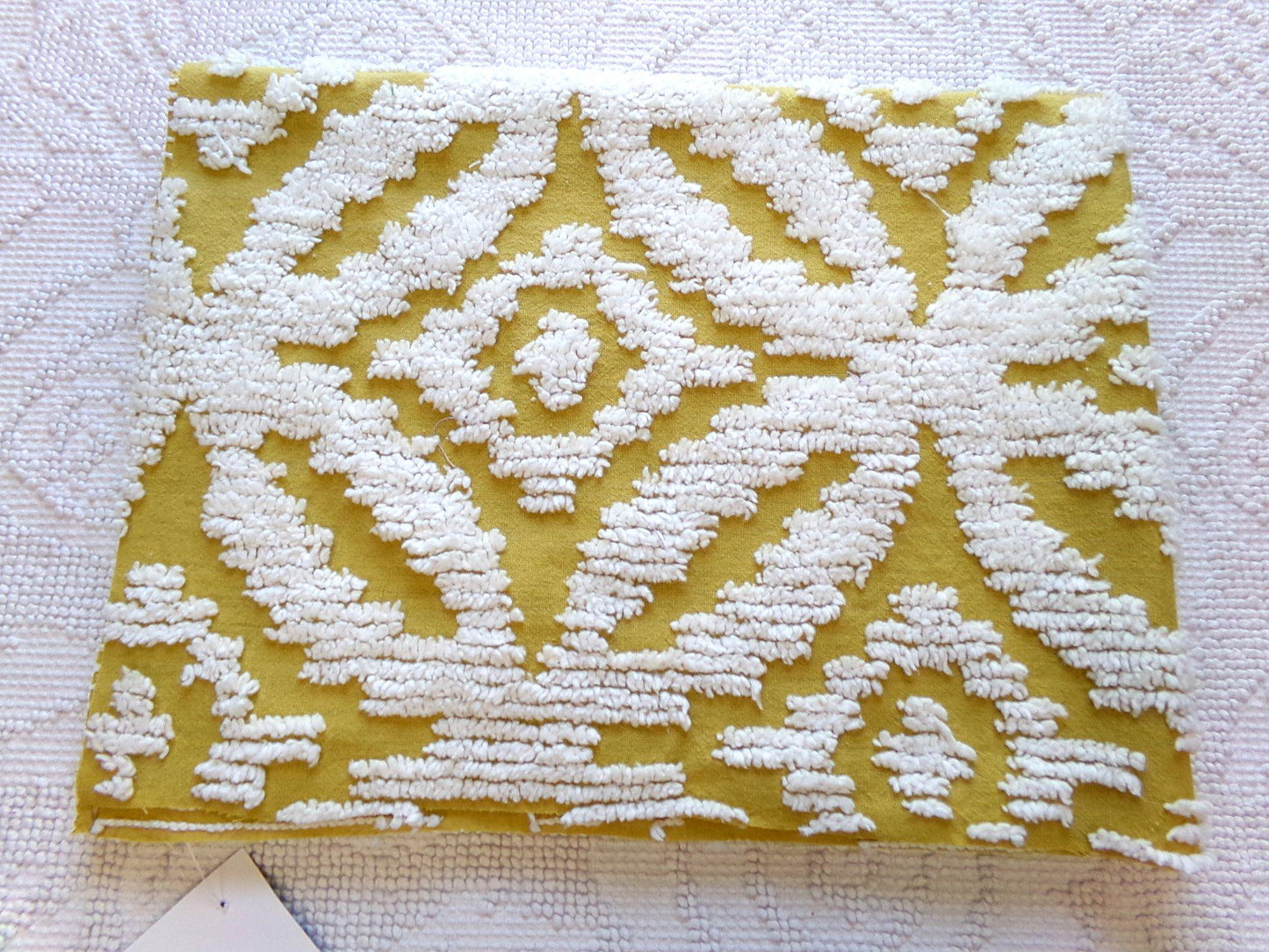 honey harvest gold vintage chenille fabric, retro 18" x 25" cut piece, white geometric tufts, lightweight cotton sewing fabric
