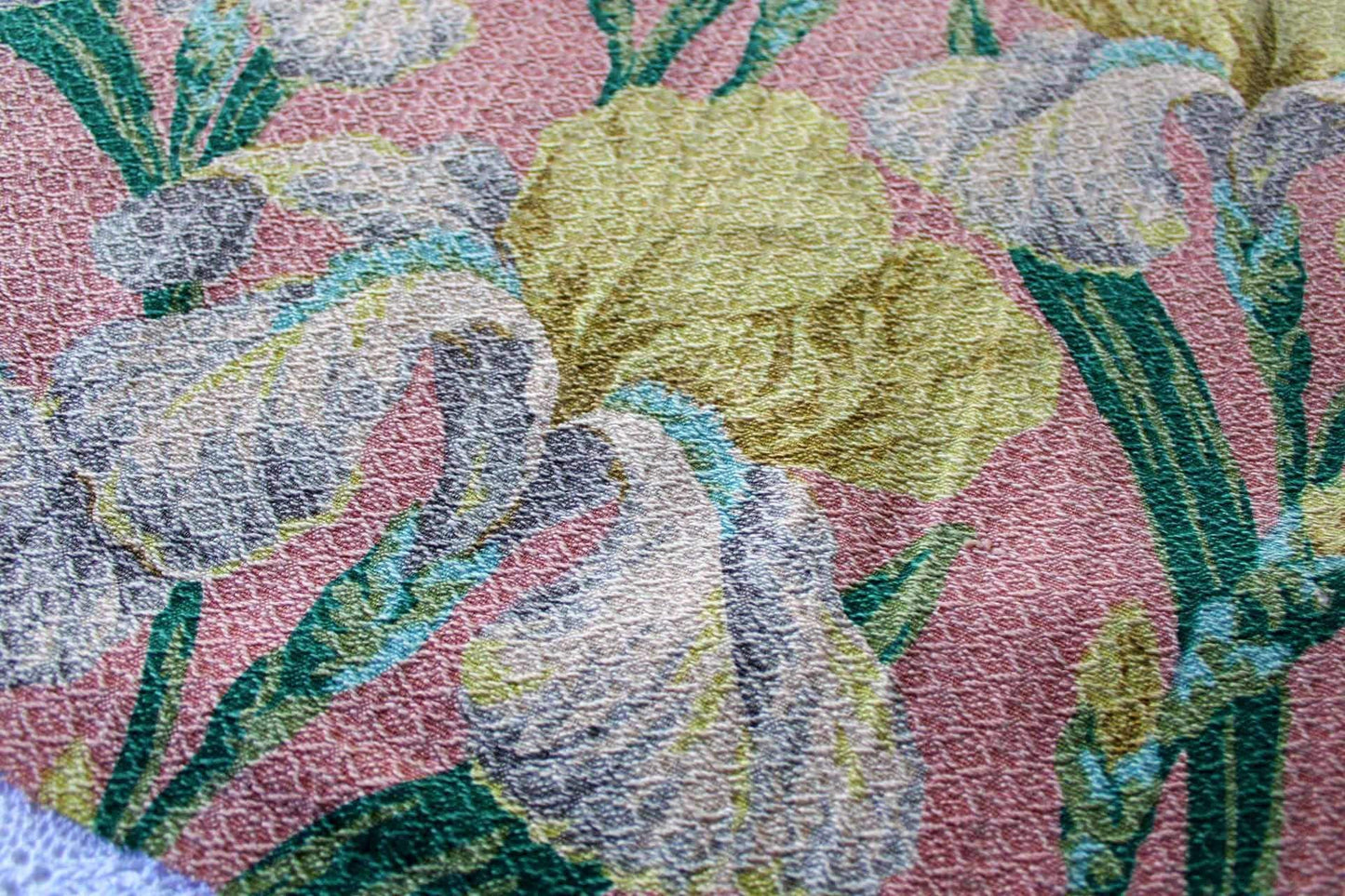 Vintage IRIS Floral Barkcloth Fabric Piece, 29.5" x 23" inches, Mauve Pink Rose & Old Fashioned Yellow Blooms, Deconstructed Curtain Panel
