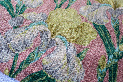 Vintage IRIS Floral Barkcloth Fabric Piece, 29.5" x 23" inches, Mauve Pink Rose & Old Fashioned Yellow Blooms, Deconstructed Curtain Panel