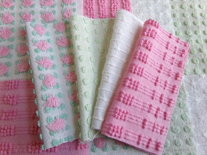 fairy girl pinks chenille fabric squares, set of 12 vintage 6" quilt blocks in crafty girl's dozen, popular squiggles, rosebud, dots