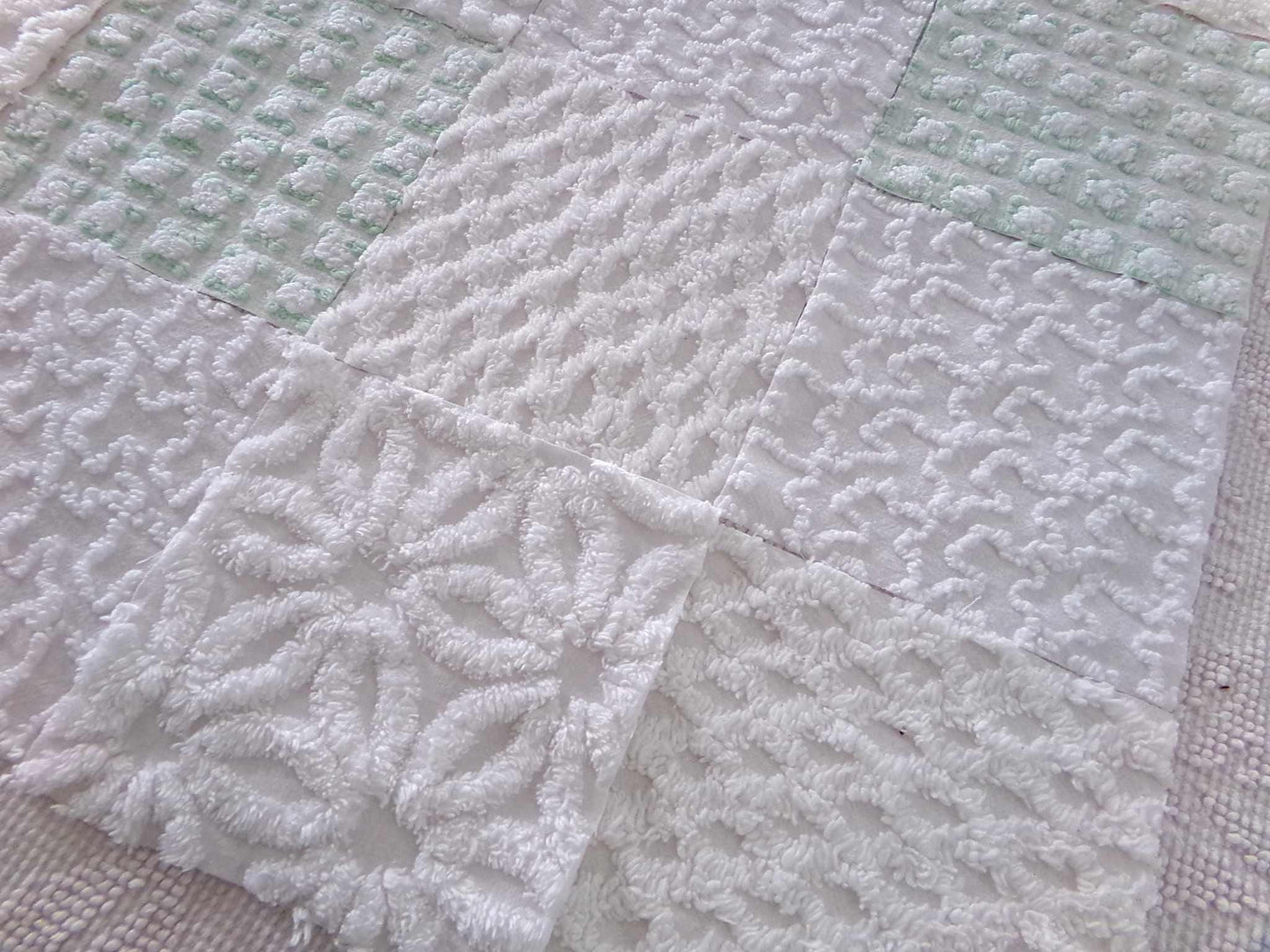 winter rose chenille fabric squares, white rosebud, daisy & geometric mix, vintage craft square set of 16 quilt blocks, 6" x 6" inch