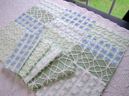 coastal wanderings vintage chenille fabric squares, 16 vintage 6" quilt blocks in natural green & white for sewing, crafts, fiber arts