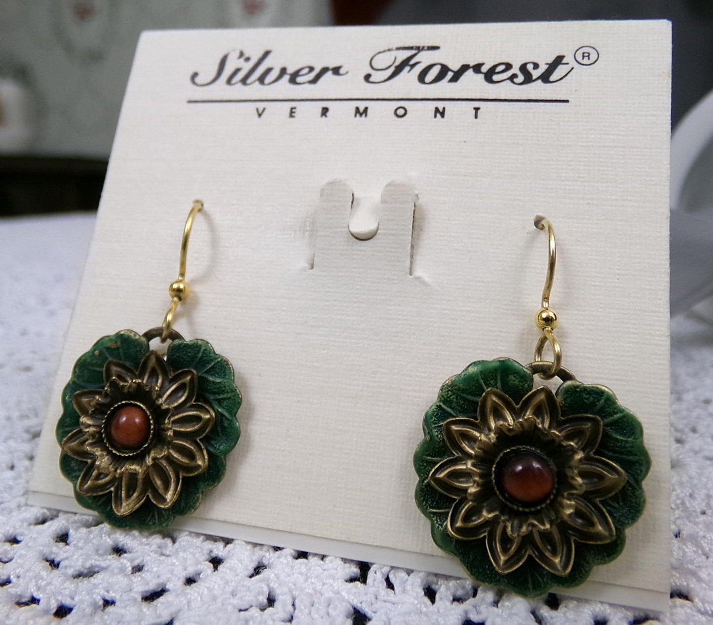 Bold Boho Dangle Earrings Handcrafted Vintage Silver Forest Layered Green Lotus, Center Bead