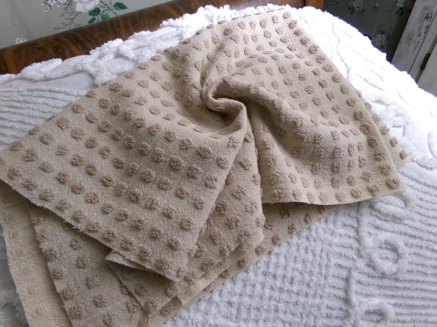 neutral mocha pops vintage chenille fabric, Morgan Jones little popcorn dots, 18" x 24" piece of lightweight sewing & quilting material