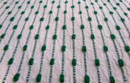preppy kelly green textured fabric piece, vintage chenille raindrop dots on white woven cotton, great in quilts, xmas stockings, 20" x 25"