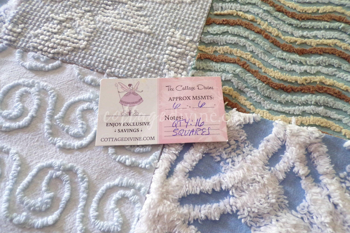 Breezy Blues Vintage Chenille Fabric Squares, Set of 17 Quilt Blocks, 6" x 6" inch, for Slow Stitching, Junk Journals, Quilting