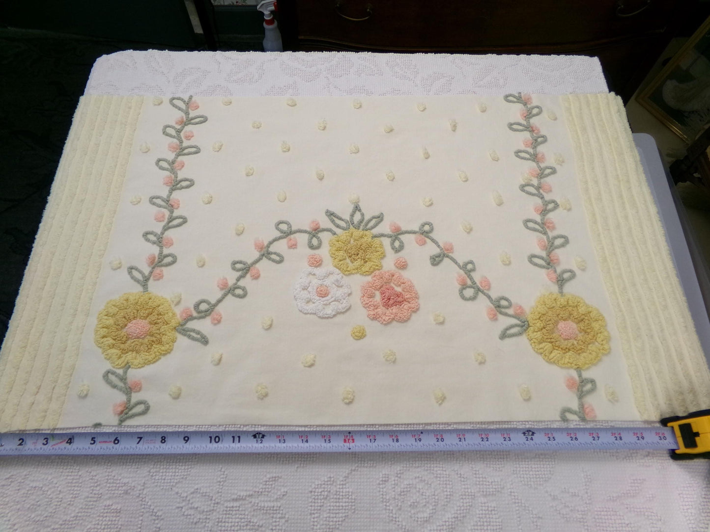 cottage floral vintage chenille fabric, buttercup yellow quilt sewing material, large 19" x 40" piece