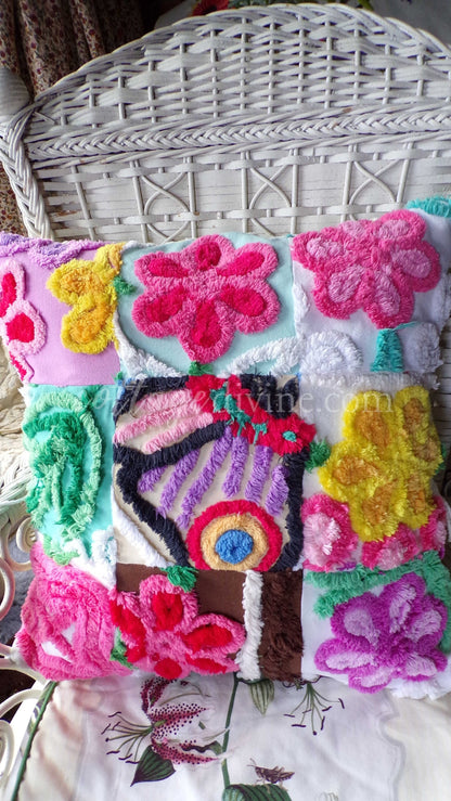 PATCHWORK Rainbow Butterfly Chenille Pillow Cover 16" x 16" Square, REVERSIBLE Accent Pillow Designed from Vintage Chenille Bedspread Fabric