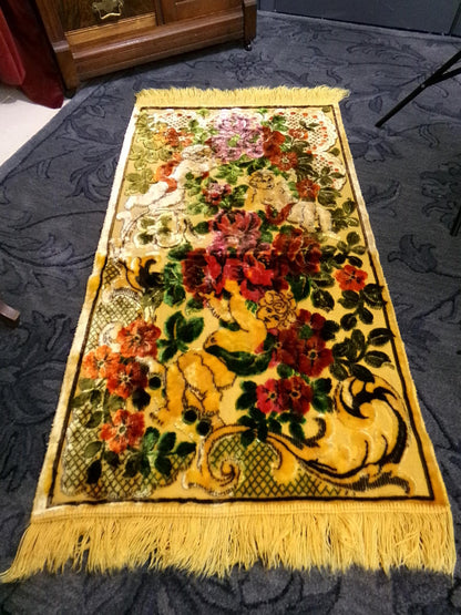 Vintage Cut Velvet Shadowy Cherub Floral Tapestry Panel Fringed Angel Wall Hanging or Rug 26"x46"