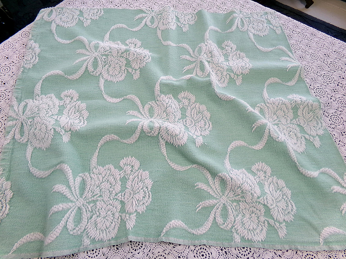 Shabby Floral Vintage Woven Fabric Piece Mint Green Carnation Flowers 20x24"