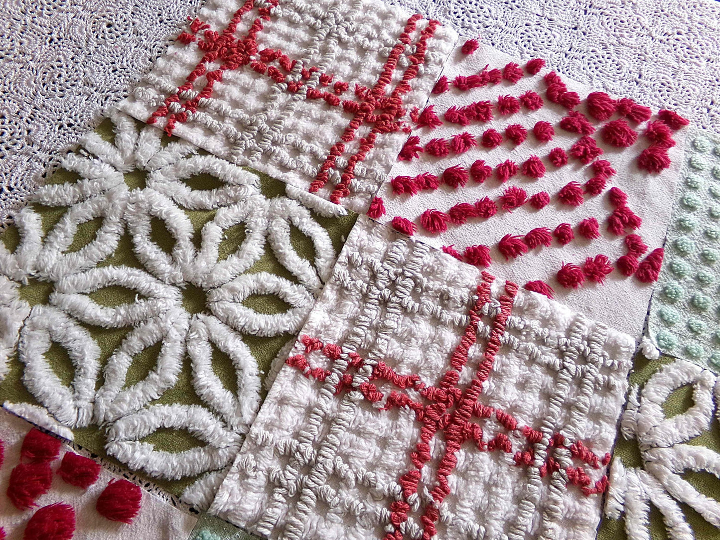 country Christmas chenille fabric squares, classic old-fashioned holiday red, green, white, set of 16 vintage quilt blocks 6" x 6" inch