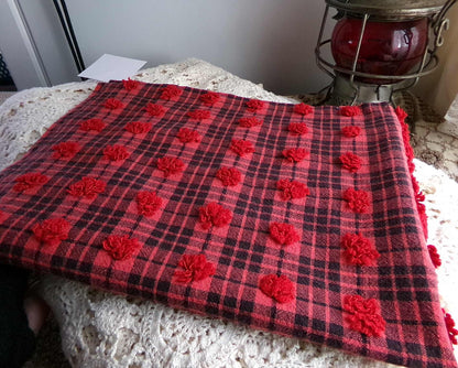 Midnight Black Tartan Plaid Vintage Chenille Bedspread Fabric, Tufted Deep Red Dots, 18" x 24" inch Piece, Lightweight Quilt Material