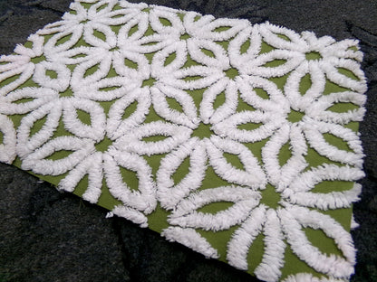 Boho Olive Green Vintage Chenille Fabric, High Contrast White Daisy 18x24" Pc