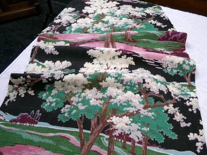 Moody Surreal Vintage Barkcloth Fabric Spooky Black Pink Mystic Winding Path, 20" x 35"
