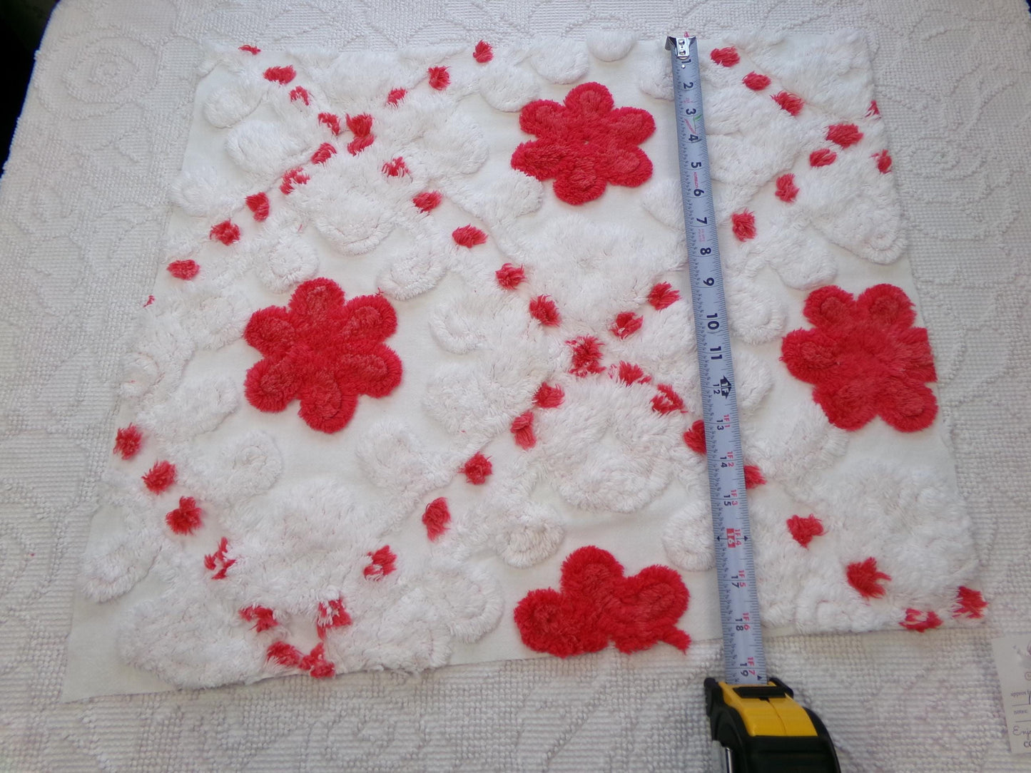 Roses in Snow Vintage Chenille Fabric, Red & White Plush Swirl 18" x 21" Inch Piece