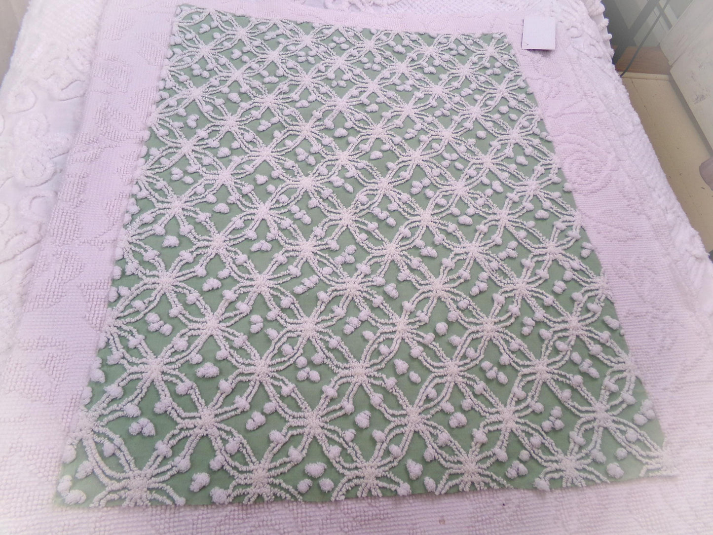 Grassy Sage Green Vintage Chenille Fabric in Wedding Ring Pop Raised Textured Design, 18" x 24" Piece Sewing & Quilt Material