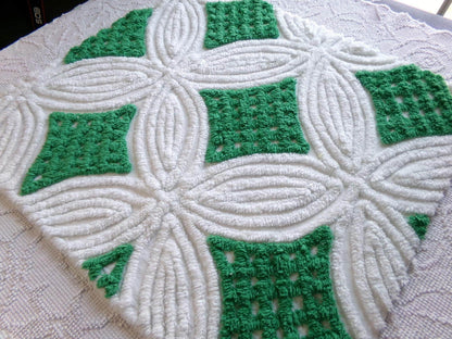 Vintage Chenille Bedspread Fabric, Preppy Kelly Green White Geometric, 20x23"