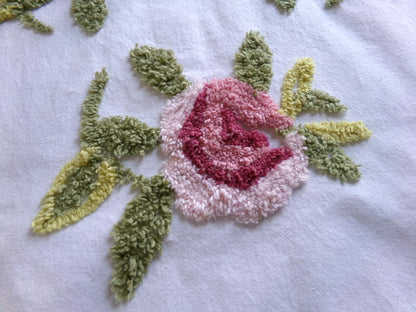 vintage rose chenille fabric, 19" x 25" inch piece of cotton sewing material, great for pillows & crafts