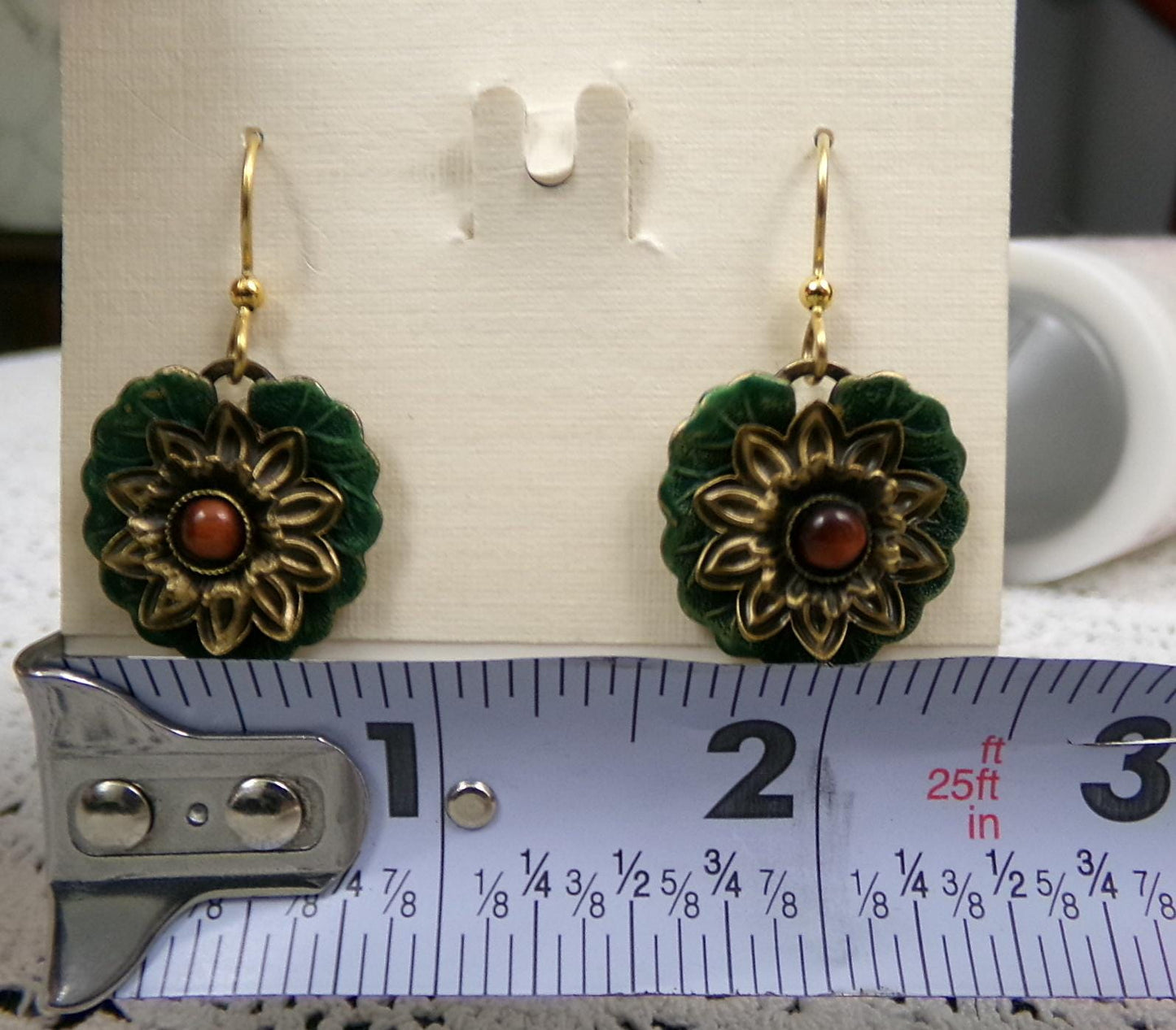 Bold Boho Dangle Earrings Handcrafted Vintage Silver Forest Layered Green Lotus, Center Bead
