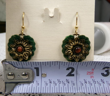 Bold Boho Dangle Earrings Handcrafted Vintage Silver Forest Layered Green Lotus, Center Bead