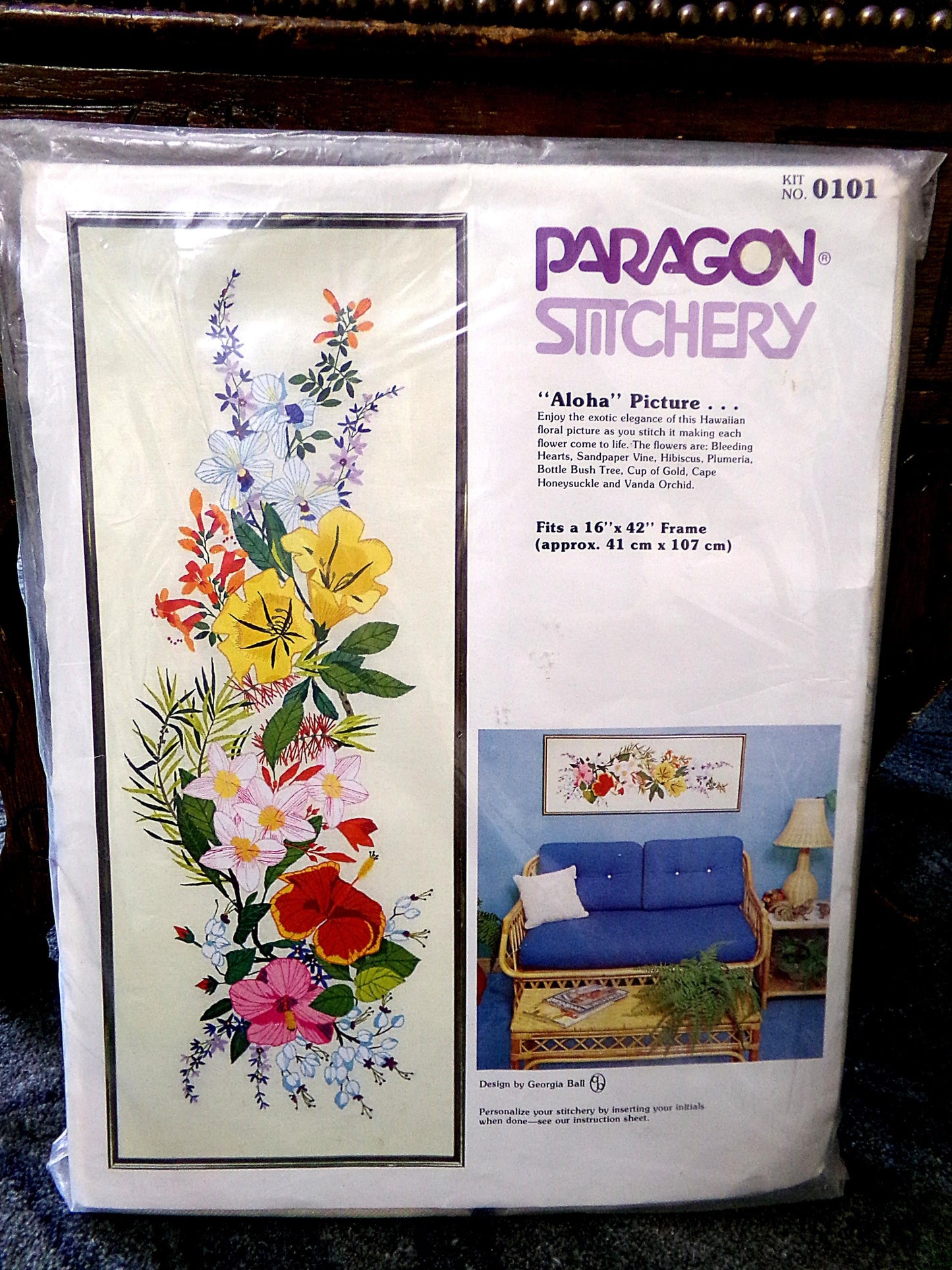 Hawaii ALOHA Crewel Embroidery Kit Vintage Paragon Stitchery 0101 Large Tropical Floral Wall Hanging