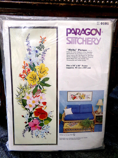 Hawaii ALOHA Crewel Embroidery Kit Vintage Paragon Stitchery 0101 Large Tropical Floral Wall Hanging