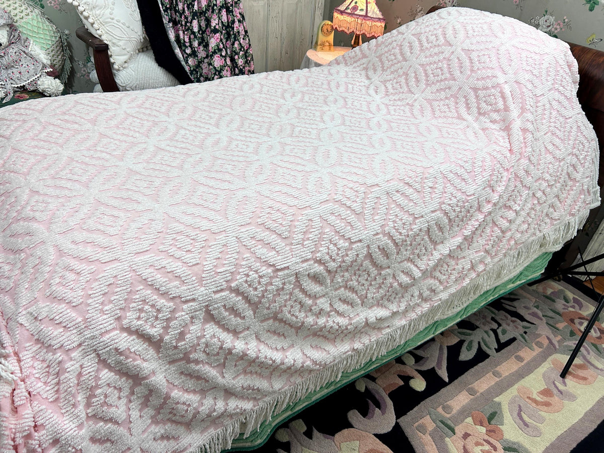 Vintage White & Pink Chenille Bedspread, Twin Size Coverlet, Accent Fringe