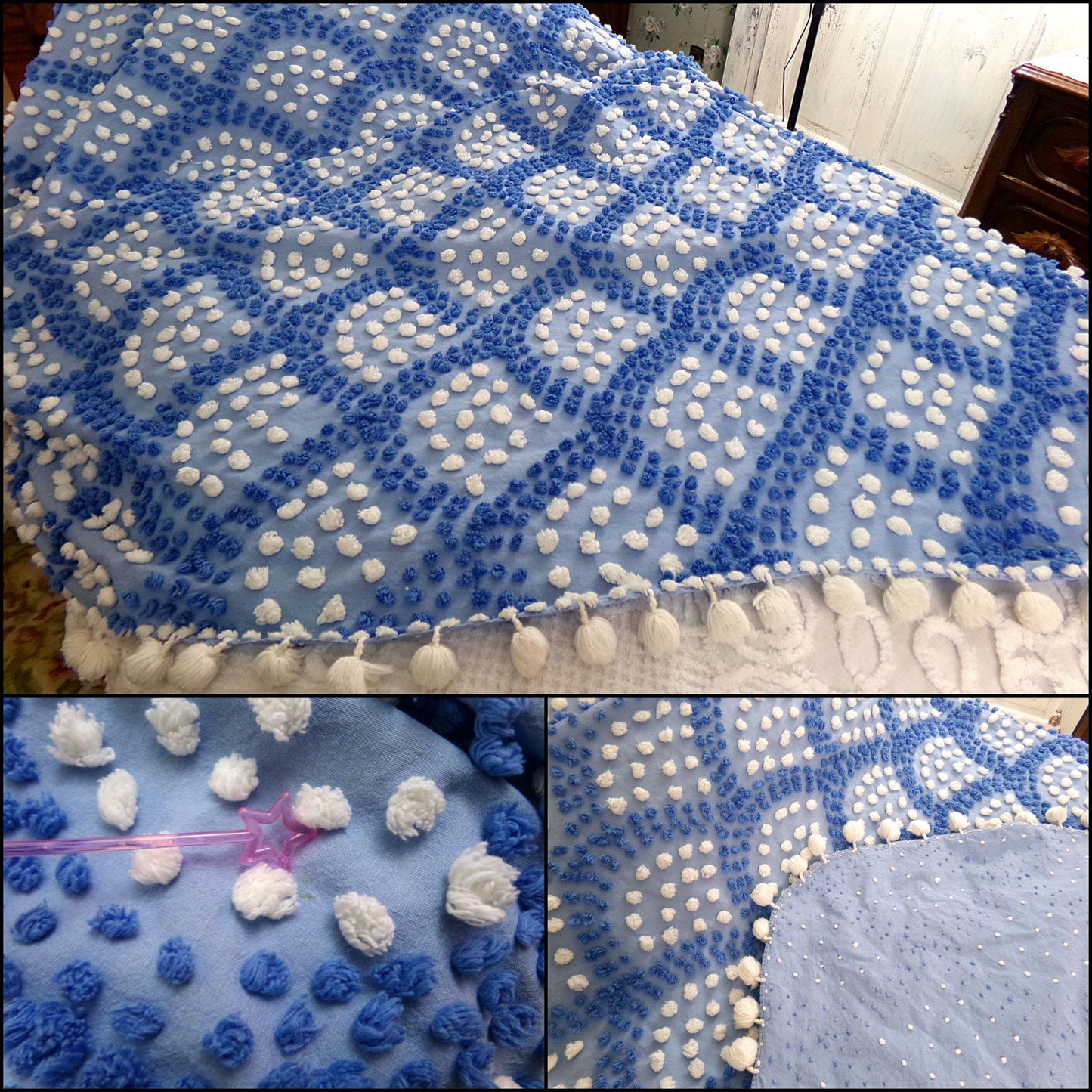 mermaid tail vintage chenille bedspread, lake cottage blue & white shell pop scallop design, full size antique cotton bedding, pom pom trim