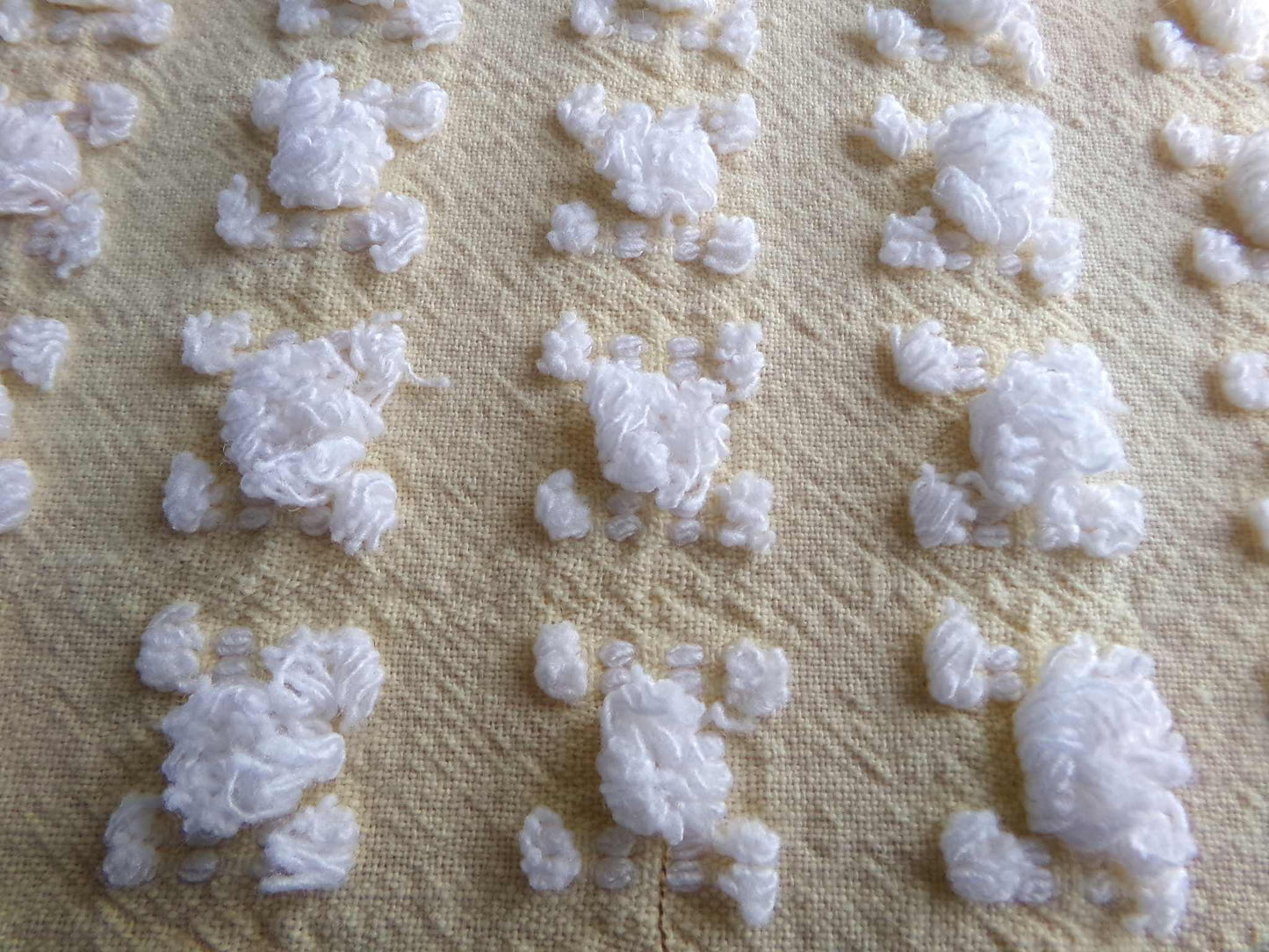 Buttercup Yellow White Rosebud Vintage Chenille Fabric, Cottage Style Tufted Roses, 12" x 24" inch Piece