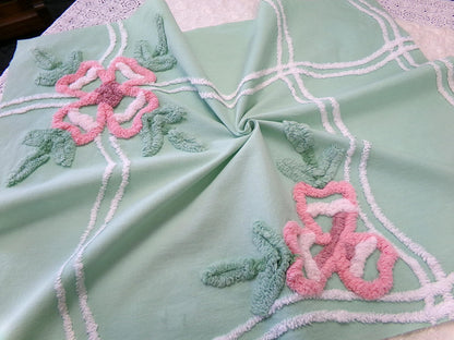 Shabby Soothing Green Vintage Chenille Fabric, Pink Rose Florals, 20 x 27"