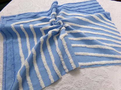 vintage chenille bedspread fabric, blue & white wave design, 27" x 19"