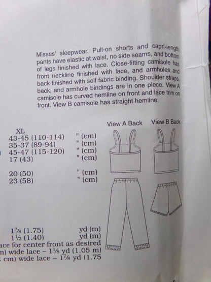 Vintage Kwik Sew 3143 Sewing Pattern, Misses Sleepwear Pajama Shorts, Capri Pants, Camisole, Size XS-XL