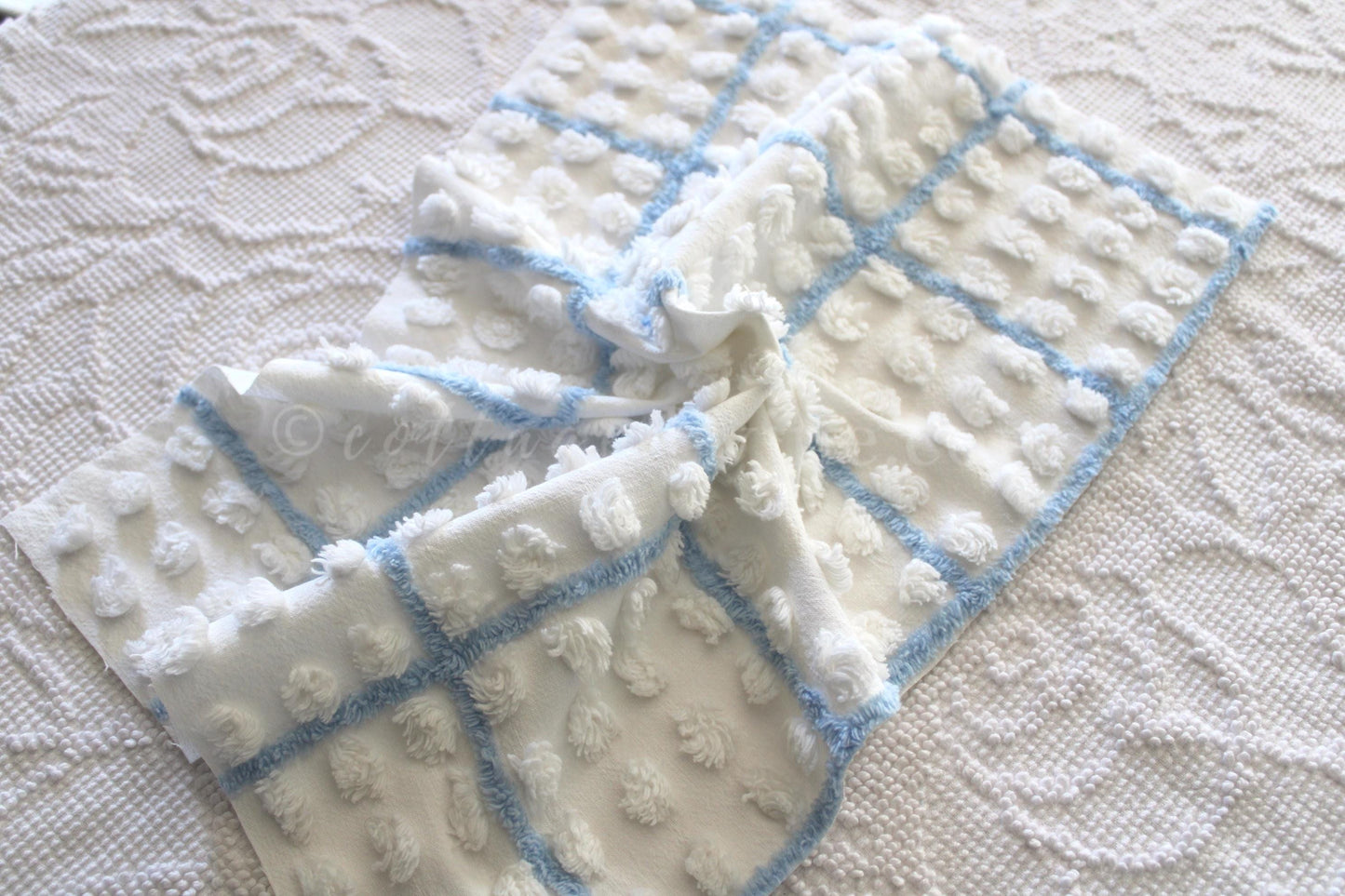 coastal blue & white vintage chenille fabric, puffy textured pops, 12" x 18" cut piece