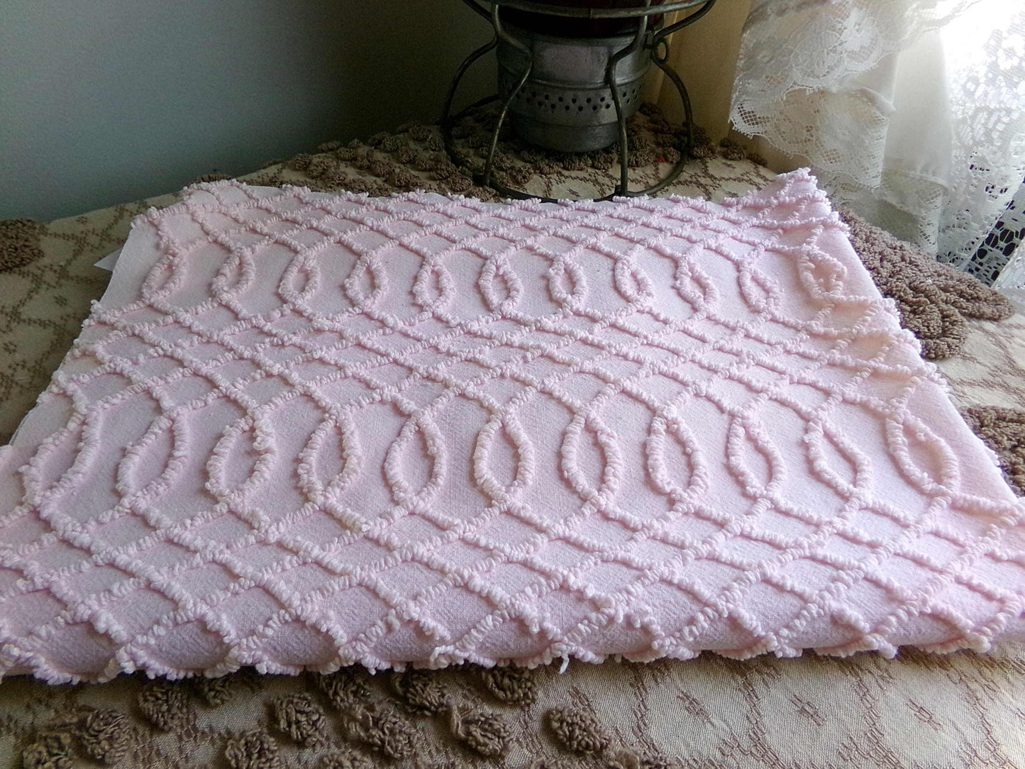 Chic Pink Eternity Links Vintage Chenille Fabric, 18x25" piece