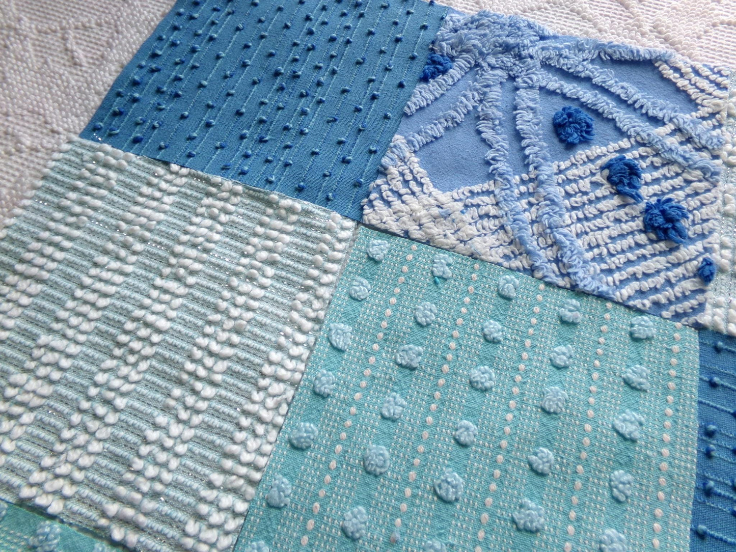 coastal fresh vintage chenille fabric squares, set of 17 blue & aqua 6" quilt blocks for sewing