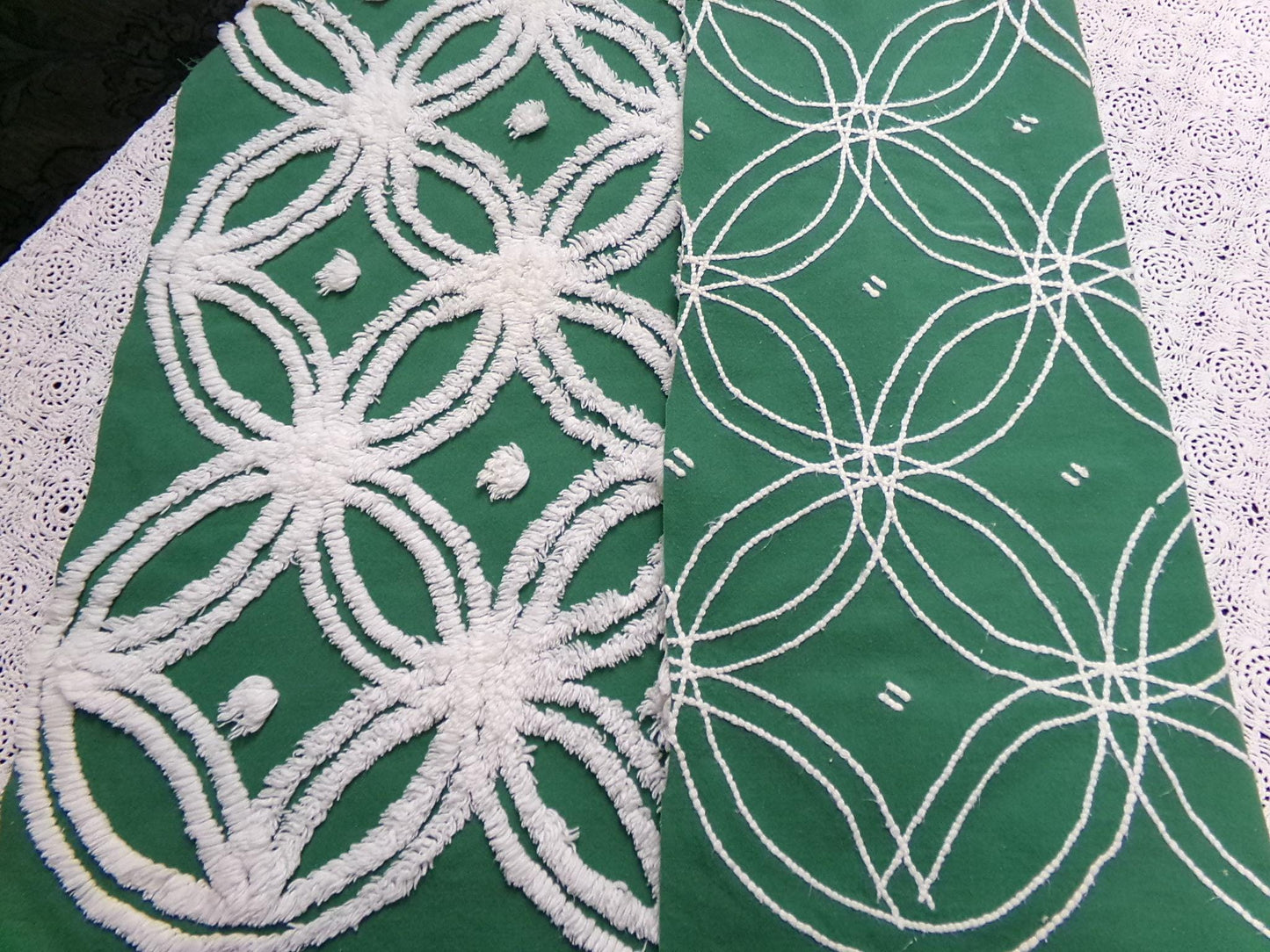 Evergreen Vintage Chenille Fabric, White Wedding Rings & Dots, 20x27" Piece