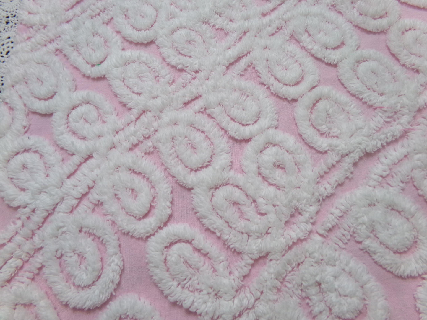 Cute Curlicues Vintage Chenille Fabric, Pink & White 16" x 23" piece