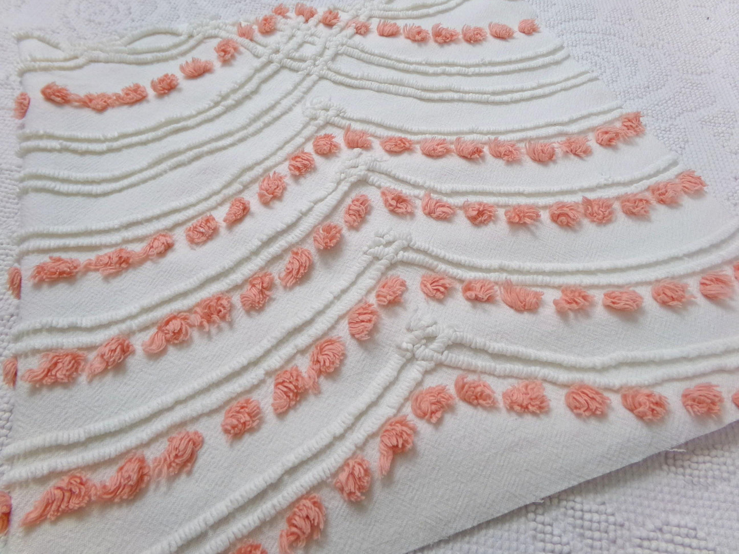 Peach Dot Swags Vintage Chenille Bedspread Fabric, White Cotton Sewing Material, 15" x 30"