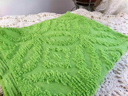 Vintage Neon Green Chenille Fabric Piece Lightweight Lime Cotton 22x24"
