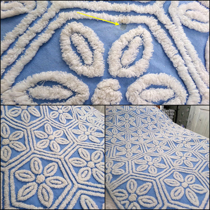 coastal blue vintage chenille bedspread, white daisies on sky blue, summer cottage full size cotton bedding