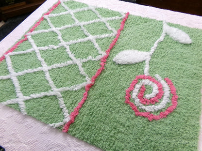 Pink Lollipop Flower Vintage Style Chenille Fabric Apple Green 22 x 27" Sewing Material