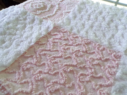 lovely pink & white vintage chenille fabric squares, set of 16 pretty 6" quilt blocks for sewing, crafts, patchwork pillows, quilting