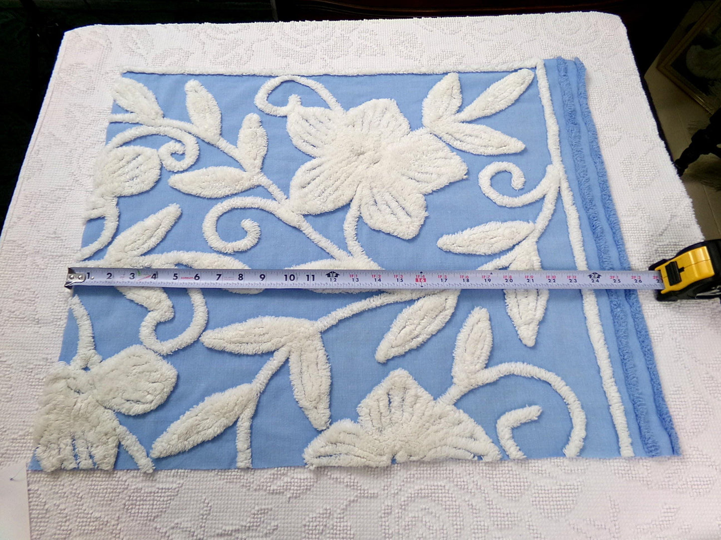 Vintage Chenille Fabric Piece, White Botanical Floral on Sky Blue, 21" x 24" Sewing Material