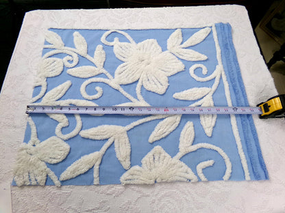Vintage Chenille Fabric Piece, White Botanical Floral on Sky Blue, 21" x 24" Sewing Material