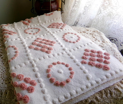 Checkerboard Circle Square Pops Chenille Fabric, 26" x 19" piece, Handmade Vintage Textile for Quilting, DIY Pillows, Fiber Arts & Crafts