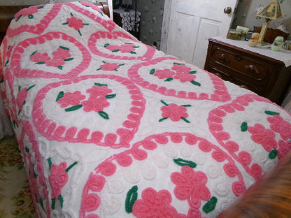 fairytale hearts vintage chenille bedspread, feminine pink & white sweetheart rose trios, romantic full size 100% cotton bedding